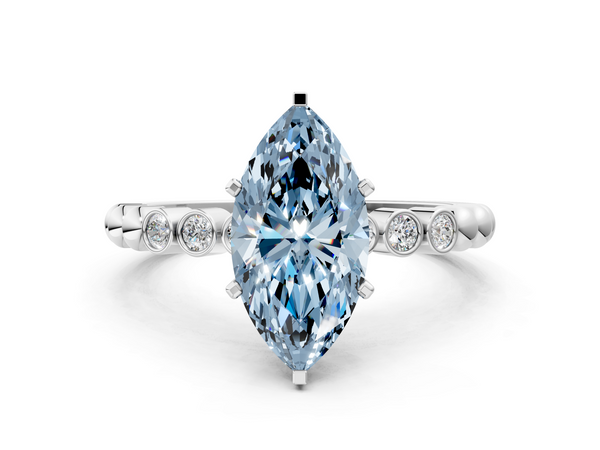White gold Fancy Blue Marquise  Solitaire Bezel Accent Diamond Engagement Ring with Beaded Band and Four-Prong Setting