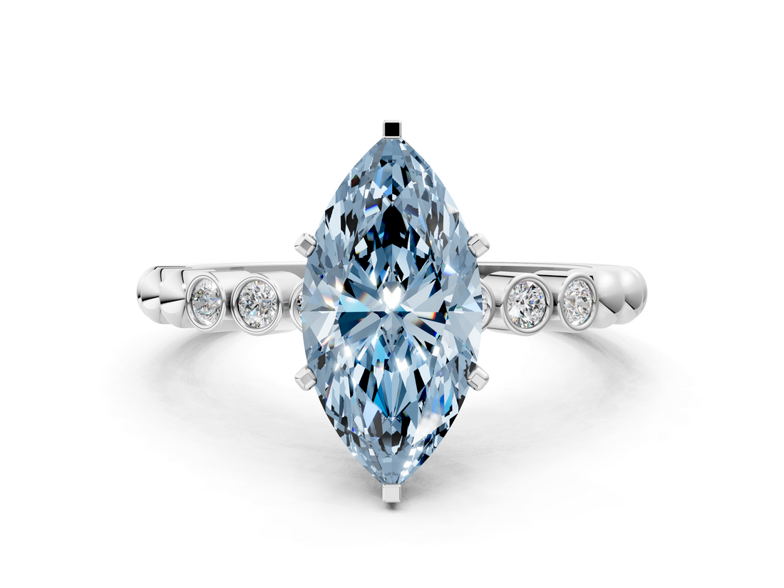White gold Fancy Blue Marquise  Solitaire Bezel Accent Diamond Engagement Ring with Beaded Band and Four-Prong Setting_55