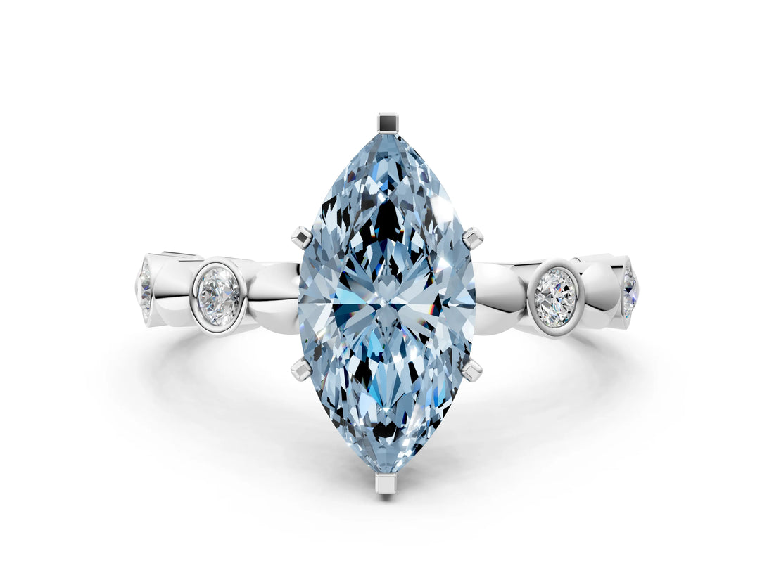White gold Fancy Blue Marquise  Solitaire Bezel-Set Diamond Ring with Beaded Band and Four-Prong Setting_32