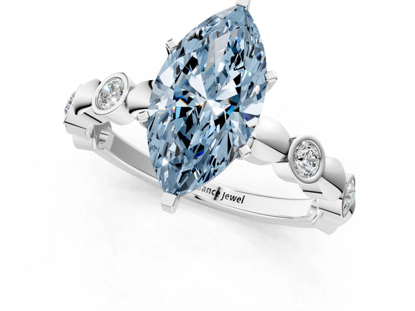 White gold Fancy Blue Marquise  Solitaire Bezel-Set Diamond Ring with Beaded Band and Four-Prong Setting