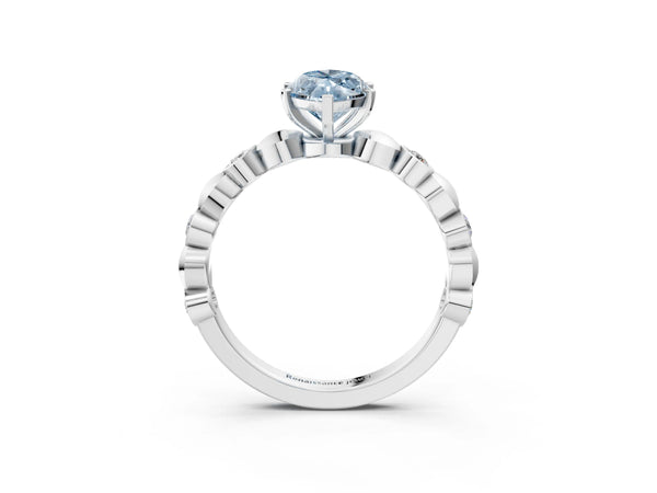 White gold Fancy Blue Marquise  Solitaire Bezel-Set Diamond Ring with Beaded Band and Four-Prong Setting