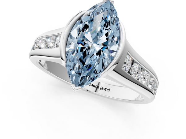 White gold Fancy Blue Marquise  Solitaire Bezel-Set Diamond Ring with Channel-Set Band