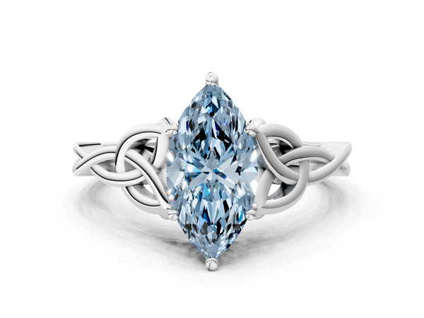 White gold Fancy Blue Marquise Cut Diamond Solitaire Engagement Ring with Celtic Knot Band and Four-Prong Setting