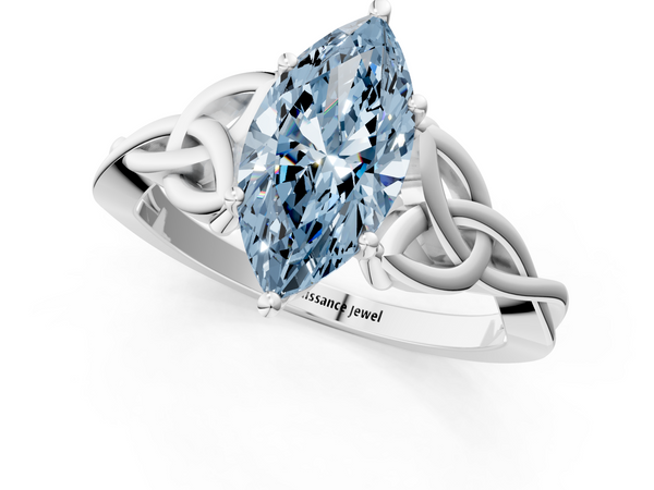 White gold Fancy Blue Marquise Cut Diamond Solitaire Engagement Ring with Celtic Knot Band and Four-Prong Setting