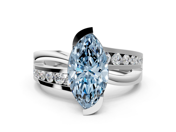 Platinum Fancy Blue Marquise  Solitaire Channel-Set Split Shank Ring with Tension Prong Setting