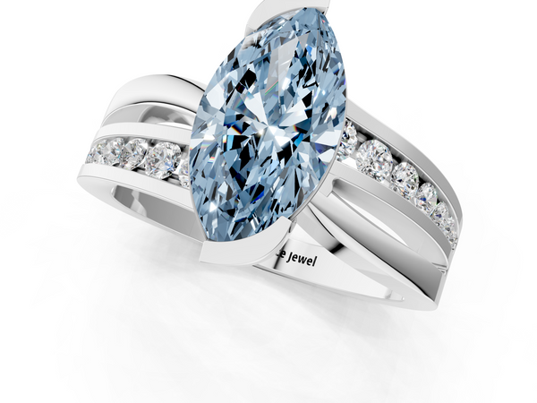 Platinum Fancy Blue Marquise  Solitaire Channel-Set Split Shank Ring with Tension Prong Setting