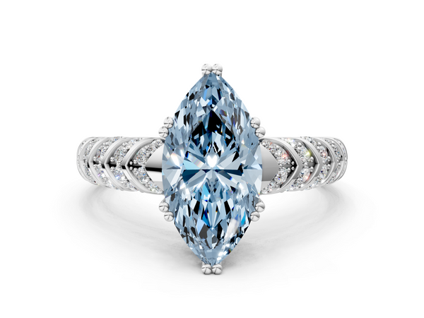 White gold Fancy Blue Marquise  Solitaire Chevron Pave Diamond Engagement Ring with Six-Prong Setting