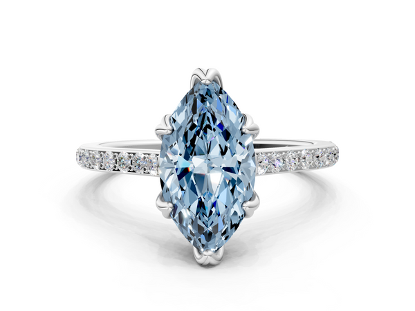 Platinum Fancy Blue Marquise  Solitaire Diamond Engagement Ring with Pave Band and Six-Prong Setting