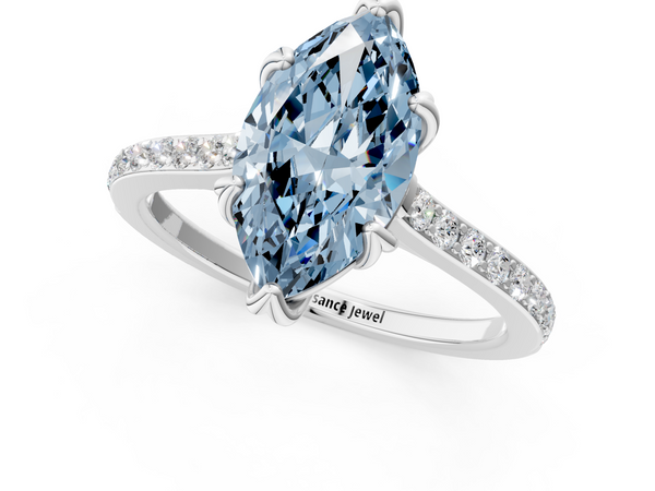 Platinum Fancy Blue Marquise  Solitaire Diamond Engagement Ring with Pave Band and Six-Prong Setting