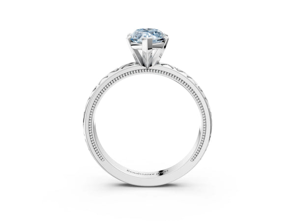 White gold Fancy Blue Marquise  Solitaire Diamond Engagement Ring with XO Engraved Band and Four-Prong Setting