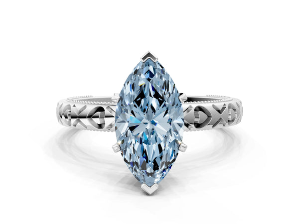White gold Fancy Blue Marquise  Solitaire Diamond Engagement Ring with XO Engraved Band and Four-Prong Setting