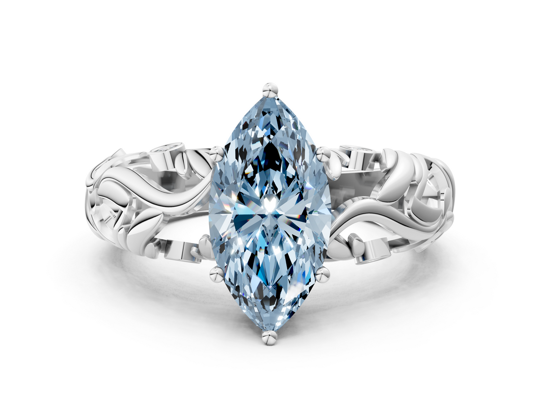 White gold Fancy Blue Marquise  Solitaire Diamond Leaf Vine Band with Prong Setting_42