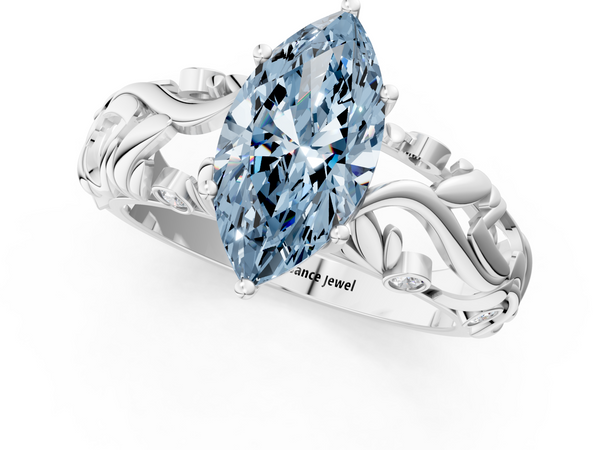 Platinum Fancy Blue Marquise Cut Solitaire Diamond Leaf-Inspired Vine Band Ring with Prong Setting