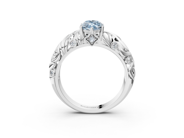 Platinum Fancy Blue Marquise Cut Solitaire Diamond Leaf-Inspired Vine Band Ring with Prong Setting