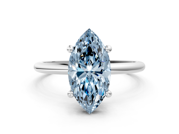 Platinum Fancy Blue Marquise  Solitaire Diamond Ring with 4-Prong Setting on a Classic Band