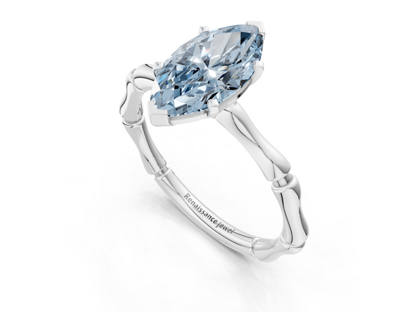 White gold Fancy Blue Marquise  Solitaire Diamond Ring with Bamboo Band and Four-Prong Setting