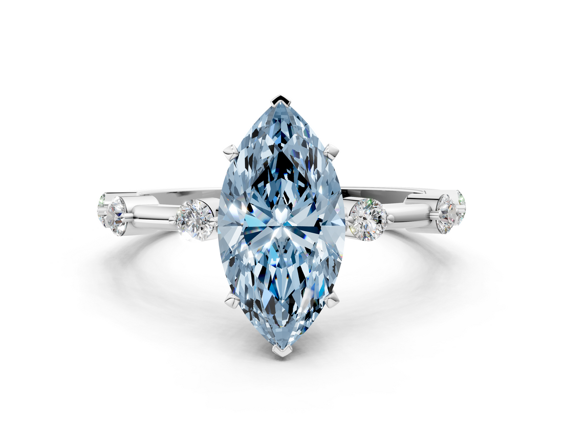 White gold Fancy Blue Marquise  Solitaire Diamond Ring with Bezel Set Side Stones and Prong Setting_3