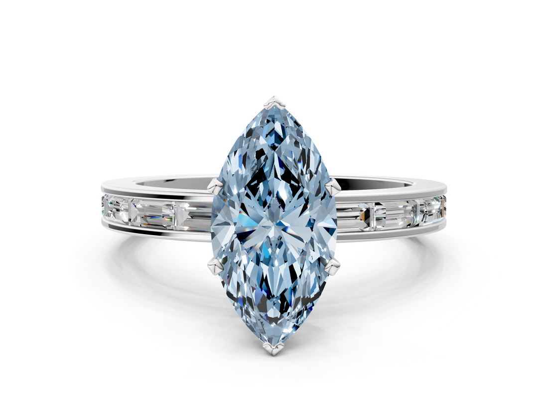 White gold Fancy Blue Marquise  Solitaire Diamond Ring with Channel-Set Baguette Band and Four-Prong Setting_114