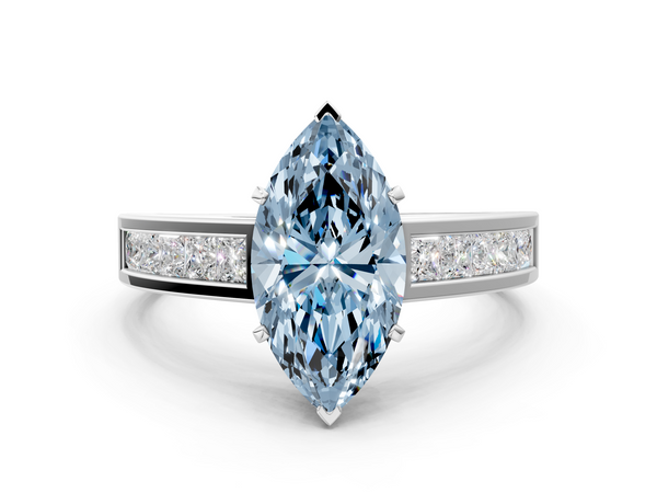 Platinum Fancy Blue Marquise  Solitaire Diamond Ring with Channel-Set Band and Four-Prong Setting