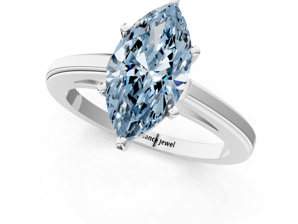 White gold Fancy Blue Marquise  Solitaire Diamond Ring with Four-Prong Setting and Classic Band