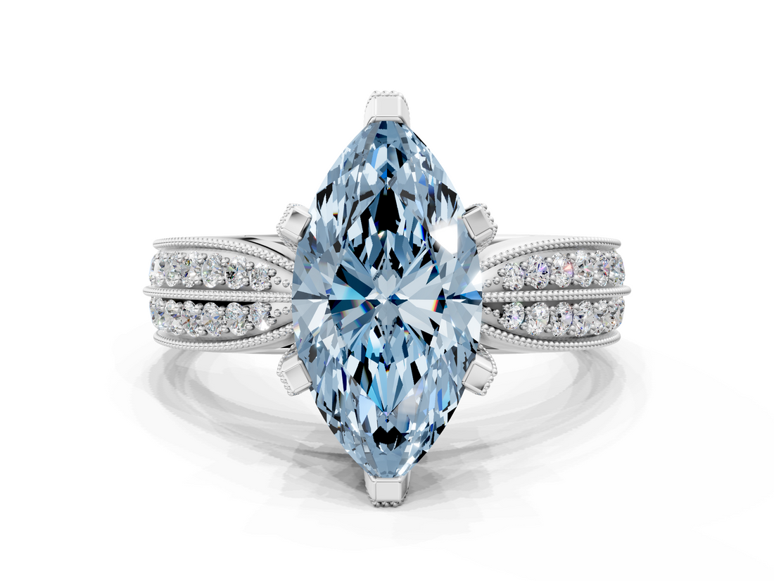 White gold Fancy Blue Marquise  Solitaire Diamond Ring with Milgrain Pavé Band and Four-Prong Setting_19