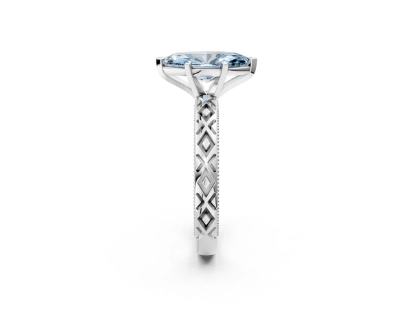 White gold Fancy Blue Marquise  Solitaire Diamond Ring with Milgrain and Black Enamel X Pattern Band