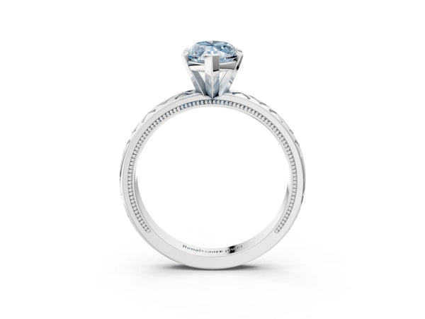 White gold Fancy Blue Marquise  Solitaire Diamond Ring with Milgrain and Black Enamel X Pattern Band