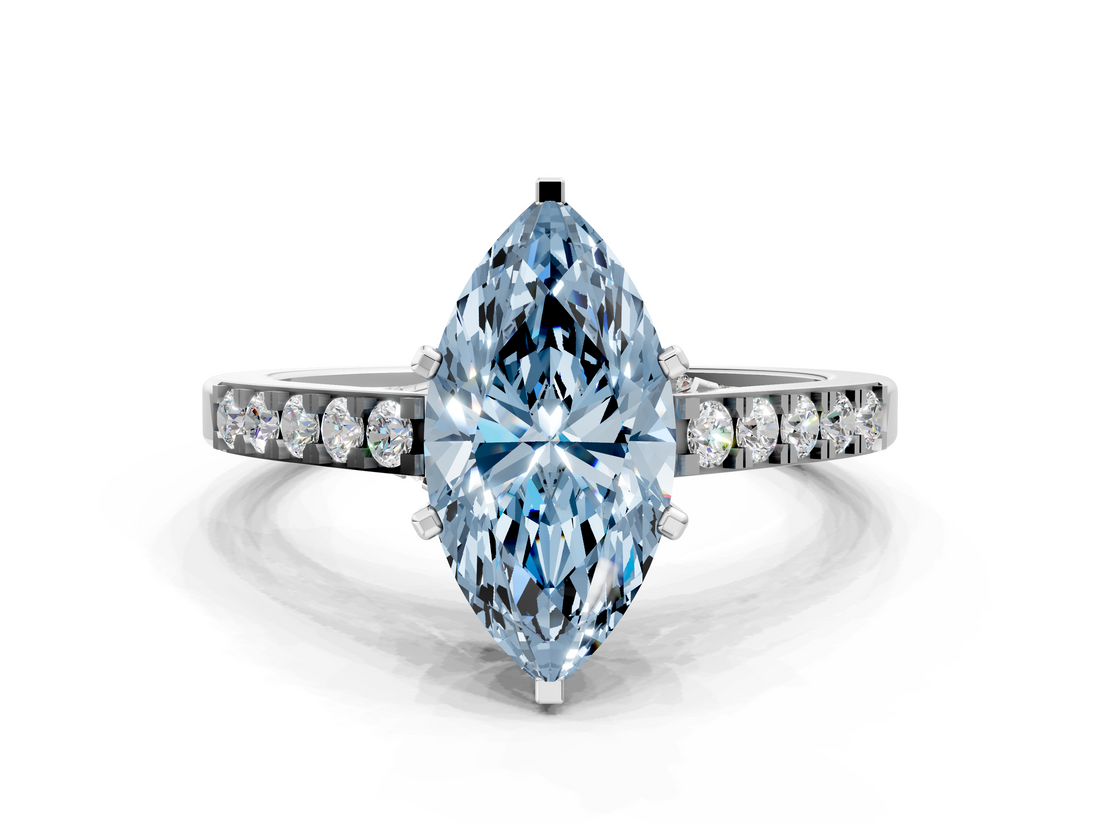 White gold Fancy Blue Marquise  Solitaire Diamond Ring with Pavé Band and Four-Prong Setting_85