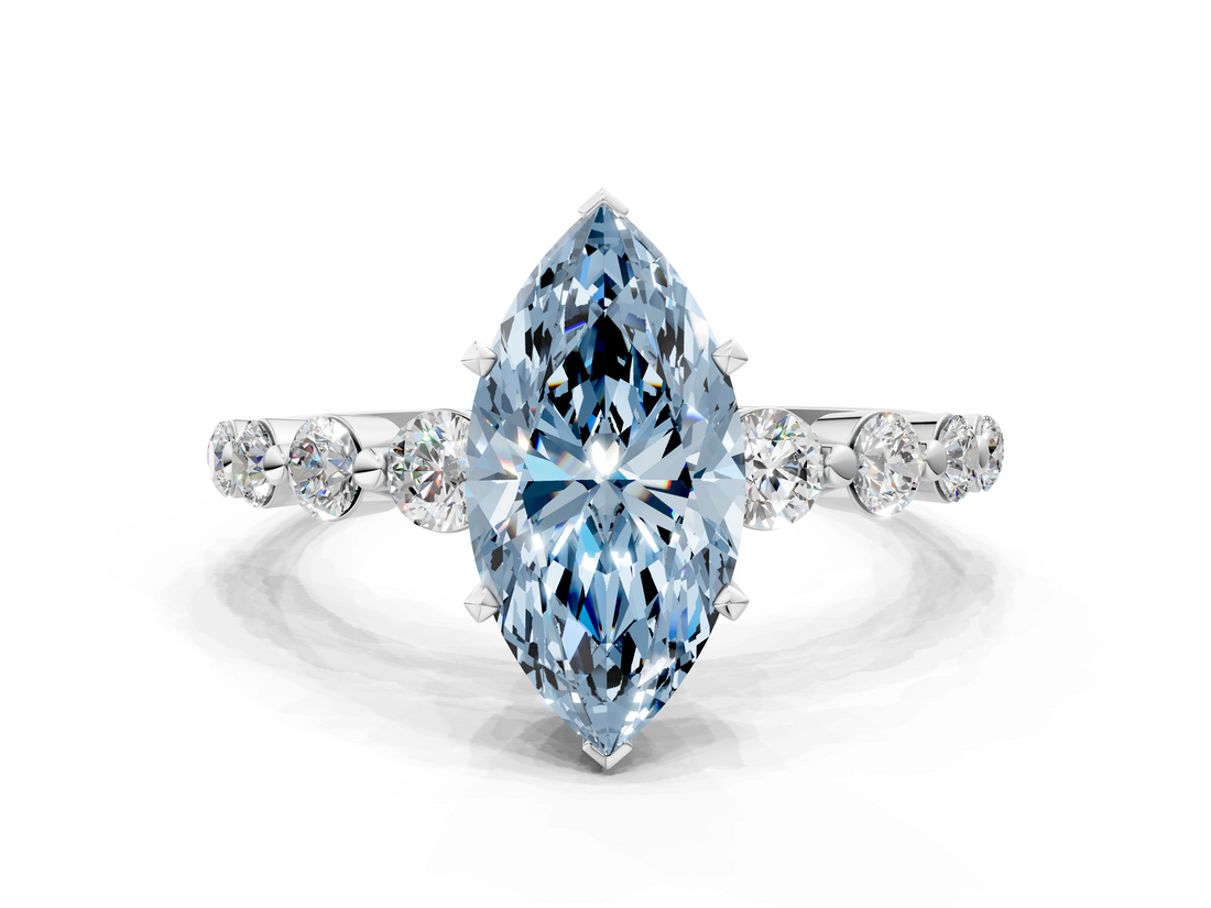 White gold Fancy Blue Marquise  Solitaire Diamond Ring with Pave Band and Four-Prong Setting_262