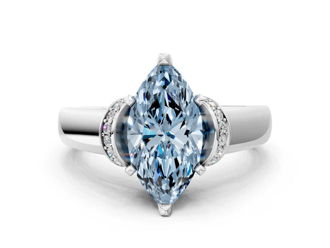 White gold Fancy Blue Marquise  Solitaire Diamond Ring with Pave Band and Six-Prong Setting_56