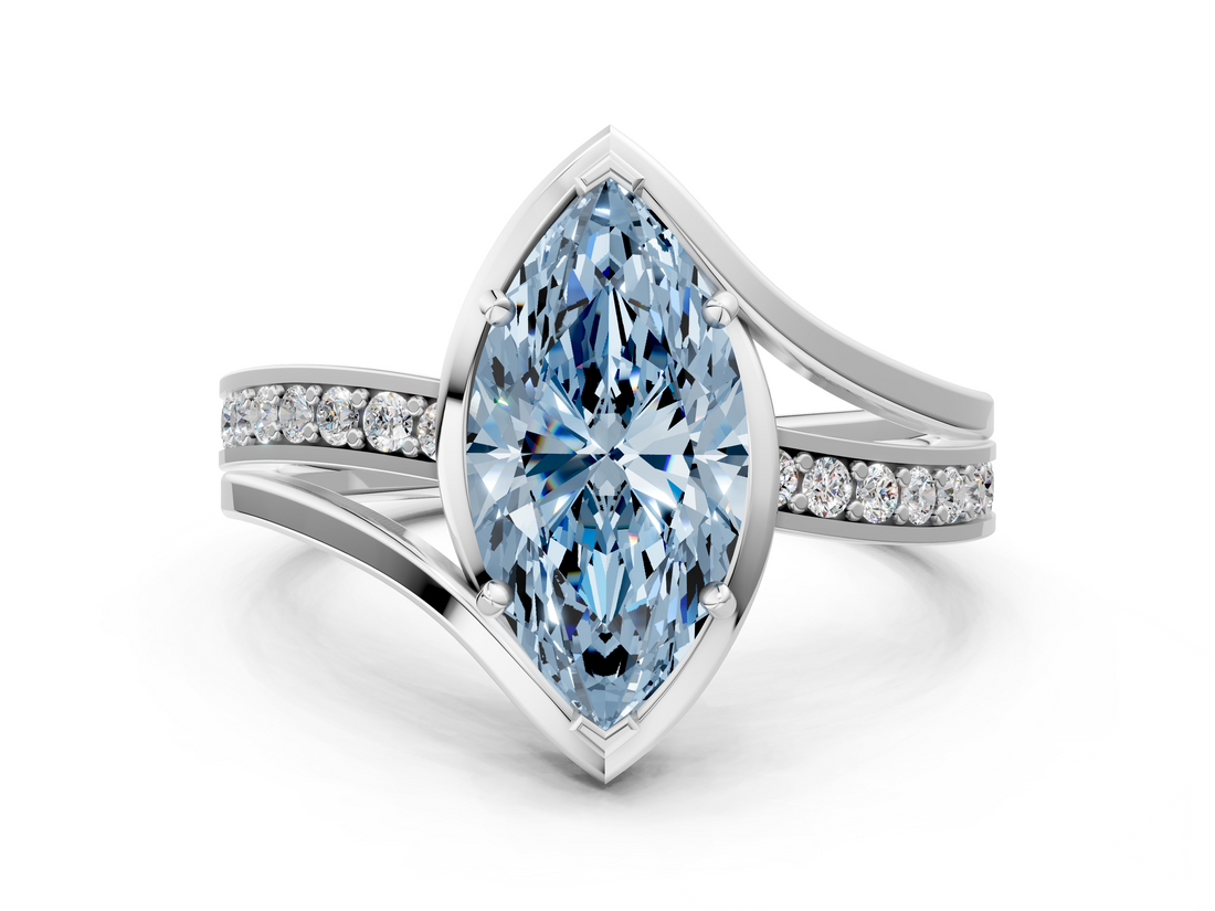 14K White Gold 1.03 Carat Blue VS1 Marquise Diamond Solitaire Ring with Split Shank and Prong Setting
