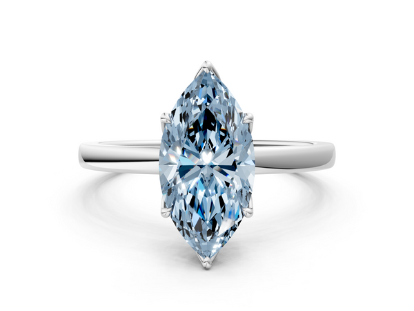 White gold Fancy Blue Marquise  Solitaire Diamond Ring with Thin Band and Four-Prong Setting