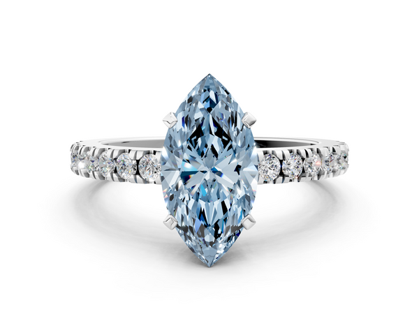 White gold Fancy Blue Marquise  Solitaire Diamond with Pavé Band and Four-Prong Setting