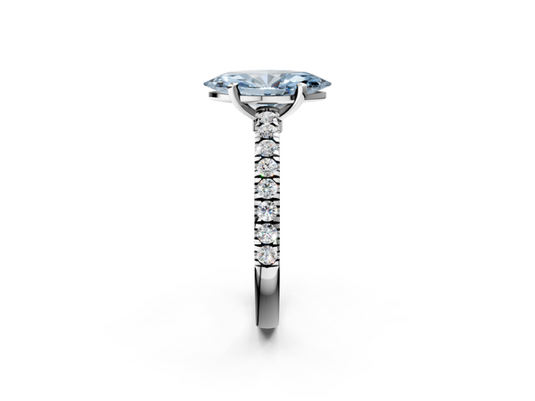 White gold Fancy Blue Marquise  Solitaire Diamond with Pavé Band and Four-Prong Setting