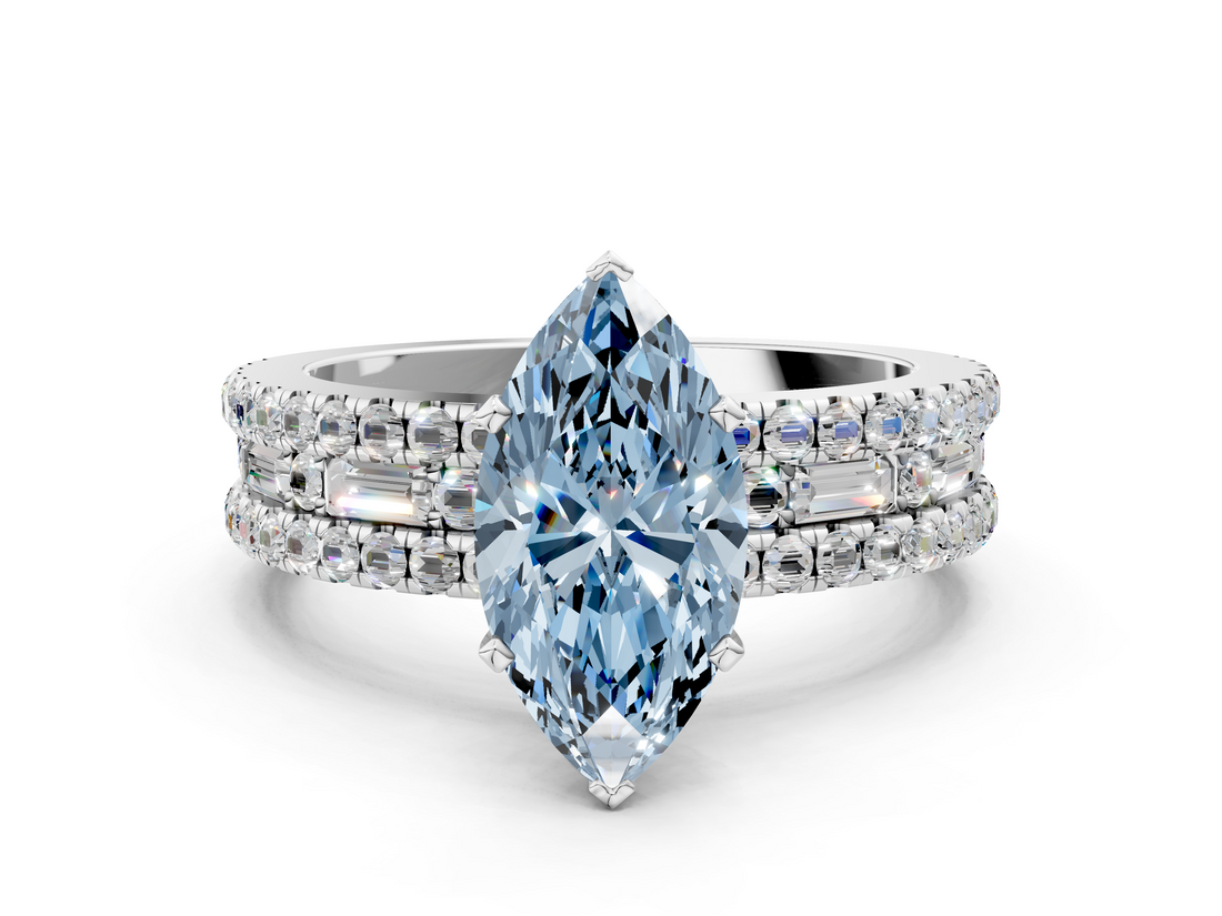 10K White Gold 2.65 Carat Blue VVS2 Marquise Diamond Solitaire Ring with Pavé and Channel Set Band