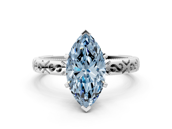 White gold Fancy Blue Marquise  Solitaire Engagement Ring with Scrollwork Band and Four-Prong Setting