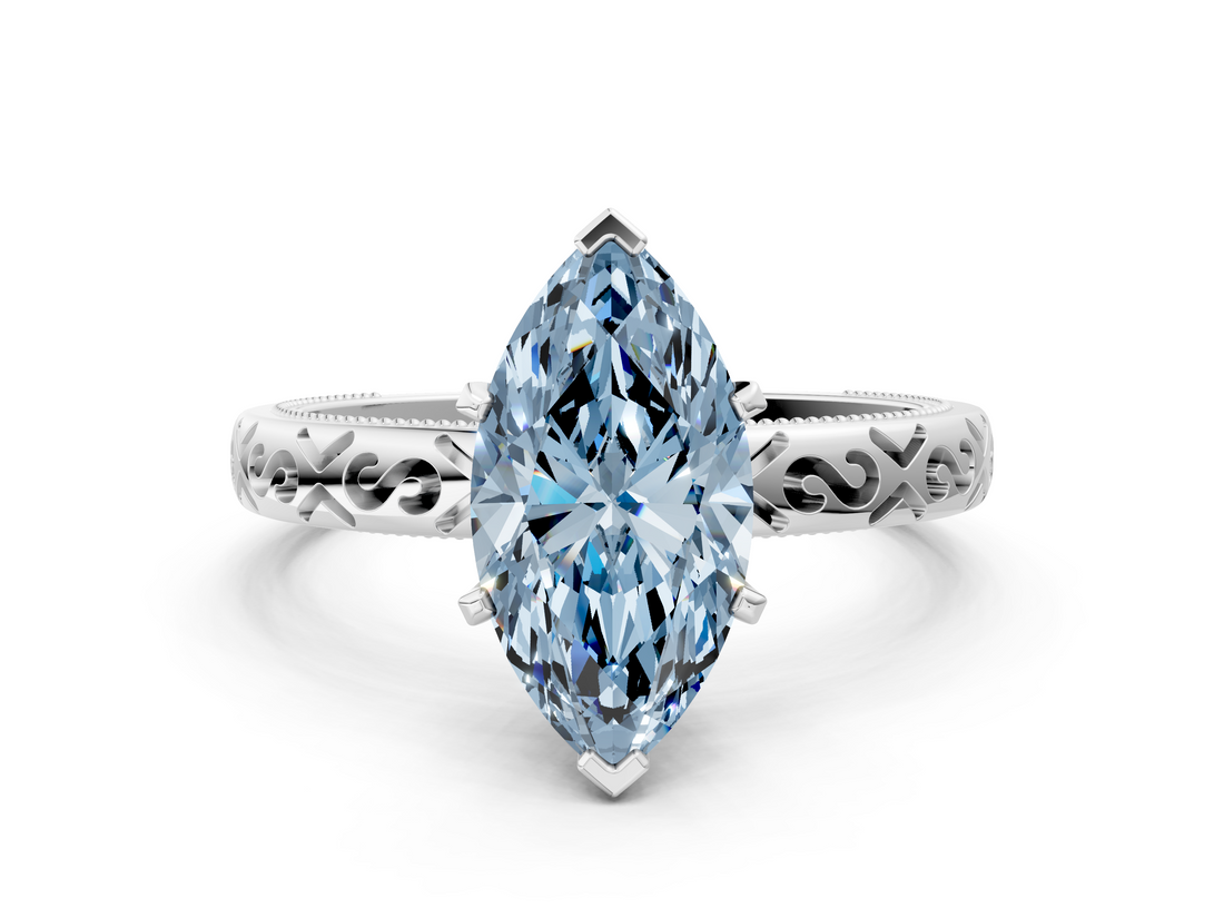 White gold Fancy Blue Marquise  Solitaire Engagement Ring with Scrollwork Band and Four-Prong Setting_130