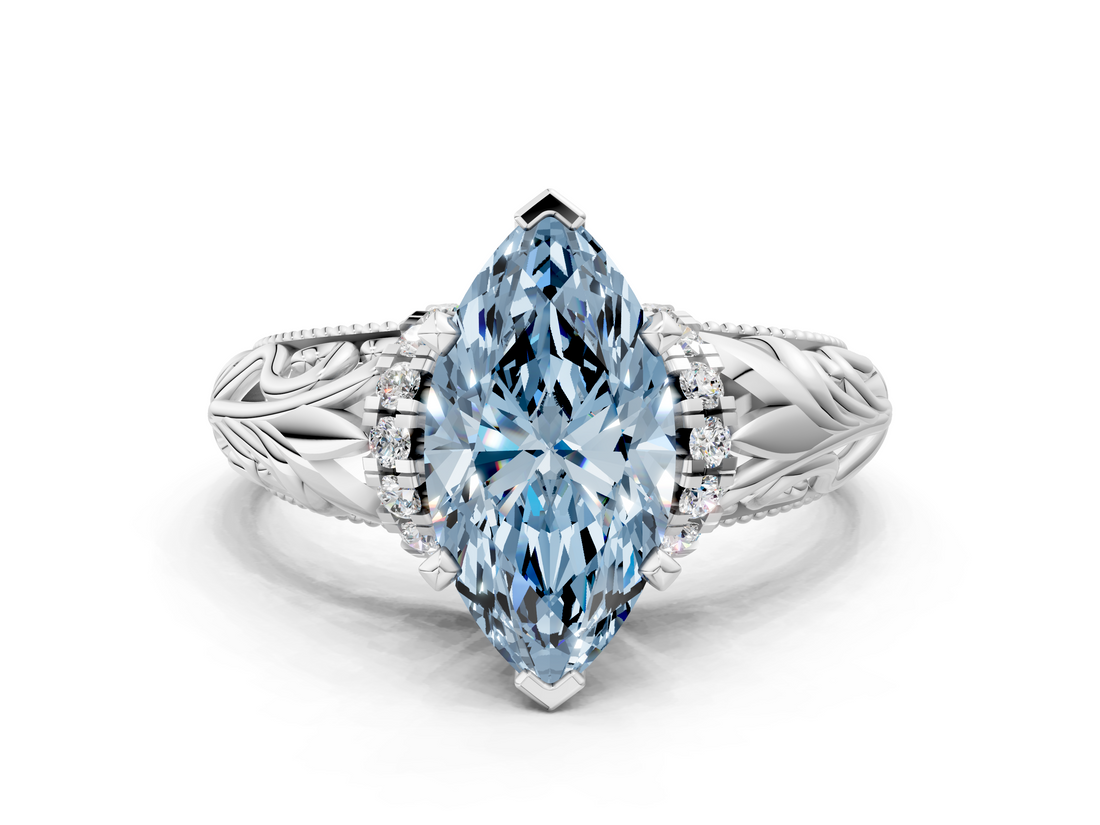 White gold Fancy Blue Marquise  Solitaire Filigree Engagement Ring with Halo and Prong Setting_81
