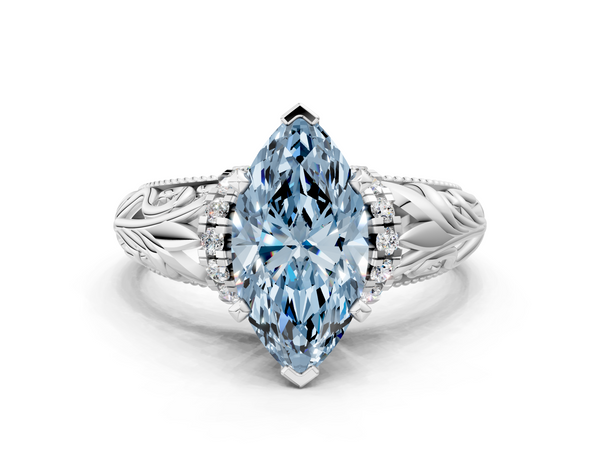 Platinum Fancy Blue Marquise  Solitaire Filigree Engagement Ring with Halo and Prong Setting