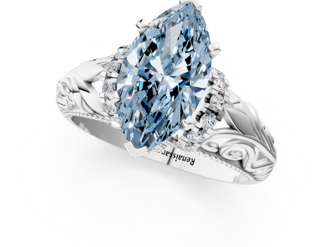 White gold Fancy Blue Marquise  Solitaire Filigree Engagement Ring with Halo and Prong Setting_81