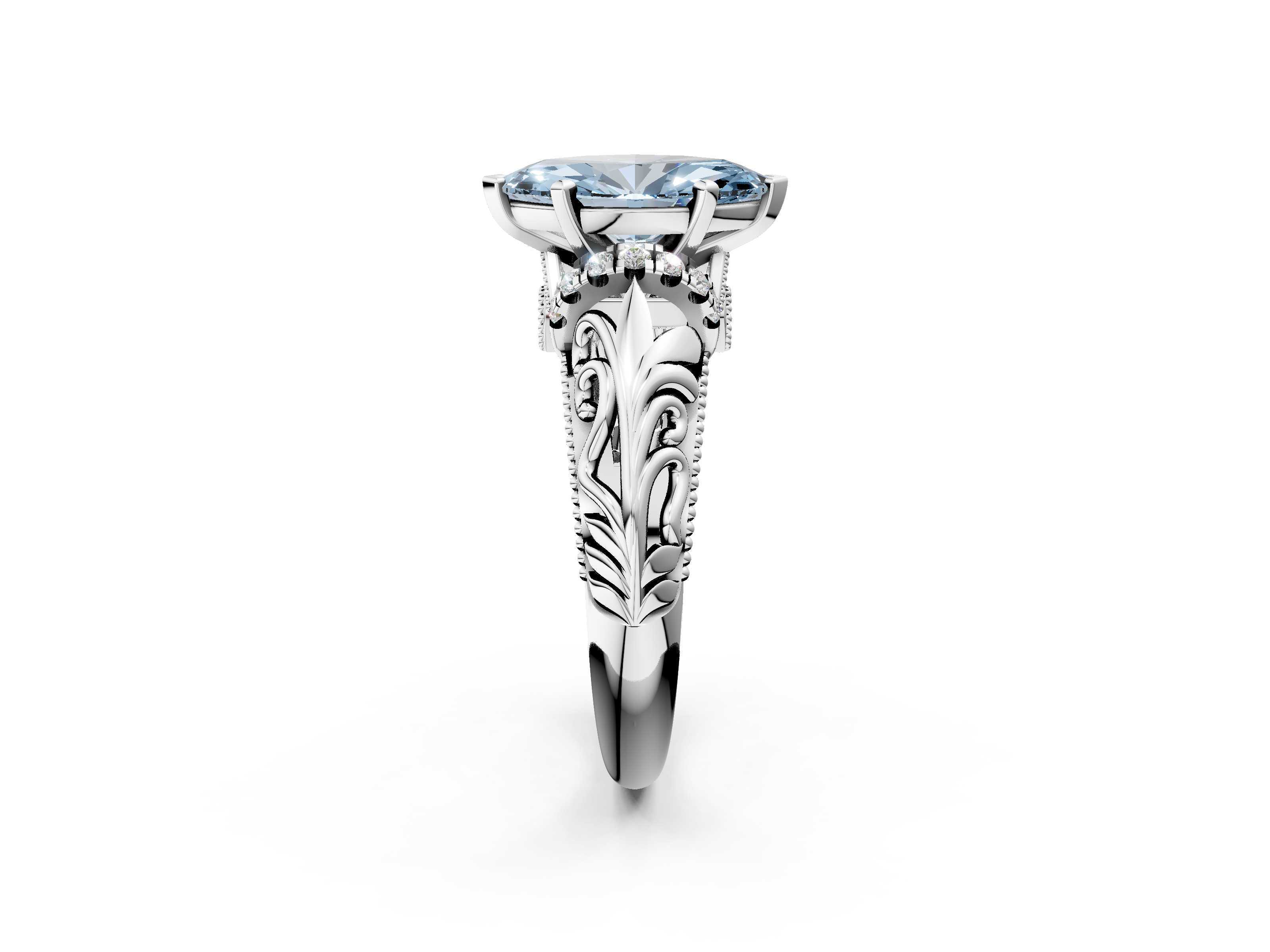 White gold Fancy Blue Marquise  Solitaire Filigree Engagement Ring with Halo and Prong Setting_82