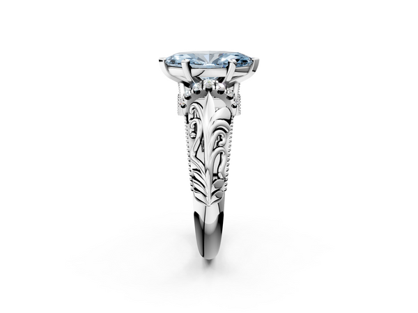 Platinum Fancy Blue Marquise  Solitaire Filigree Engagement Ring with Halo and Prong Setting