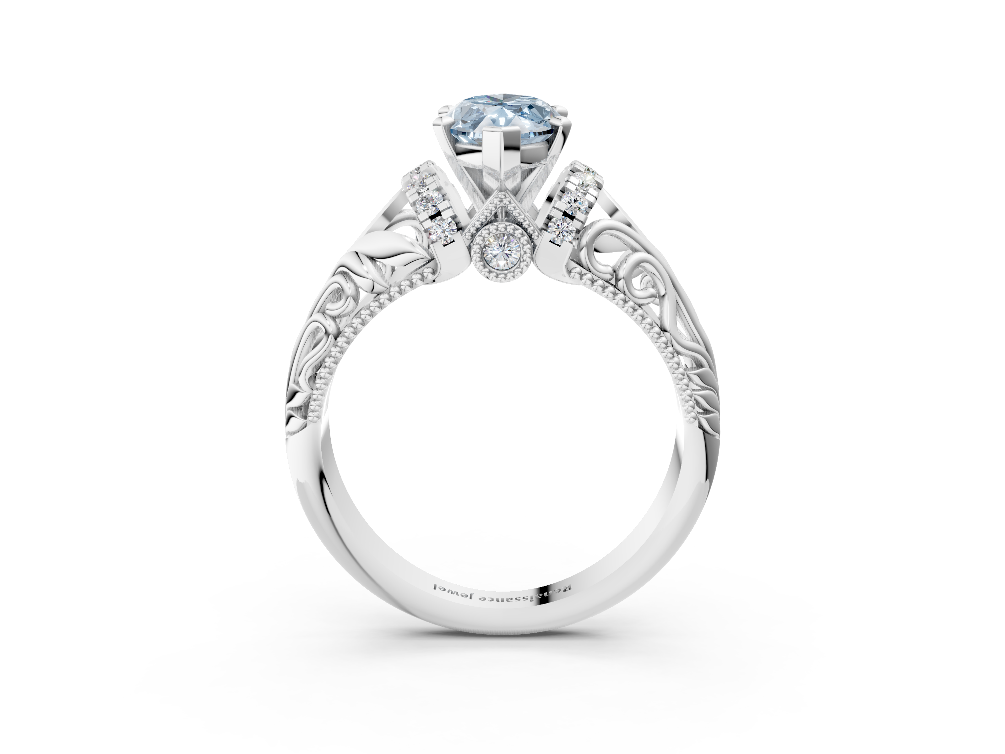 White gold Fancy Blue Marquise  Solitaire Filigree Engagement Ring with Halo and Prong Setting_83