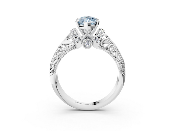 Platinum Fancy Blue Marquise  Solitaire Filigree Engagement Ring with Halo and Prong Setting