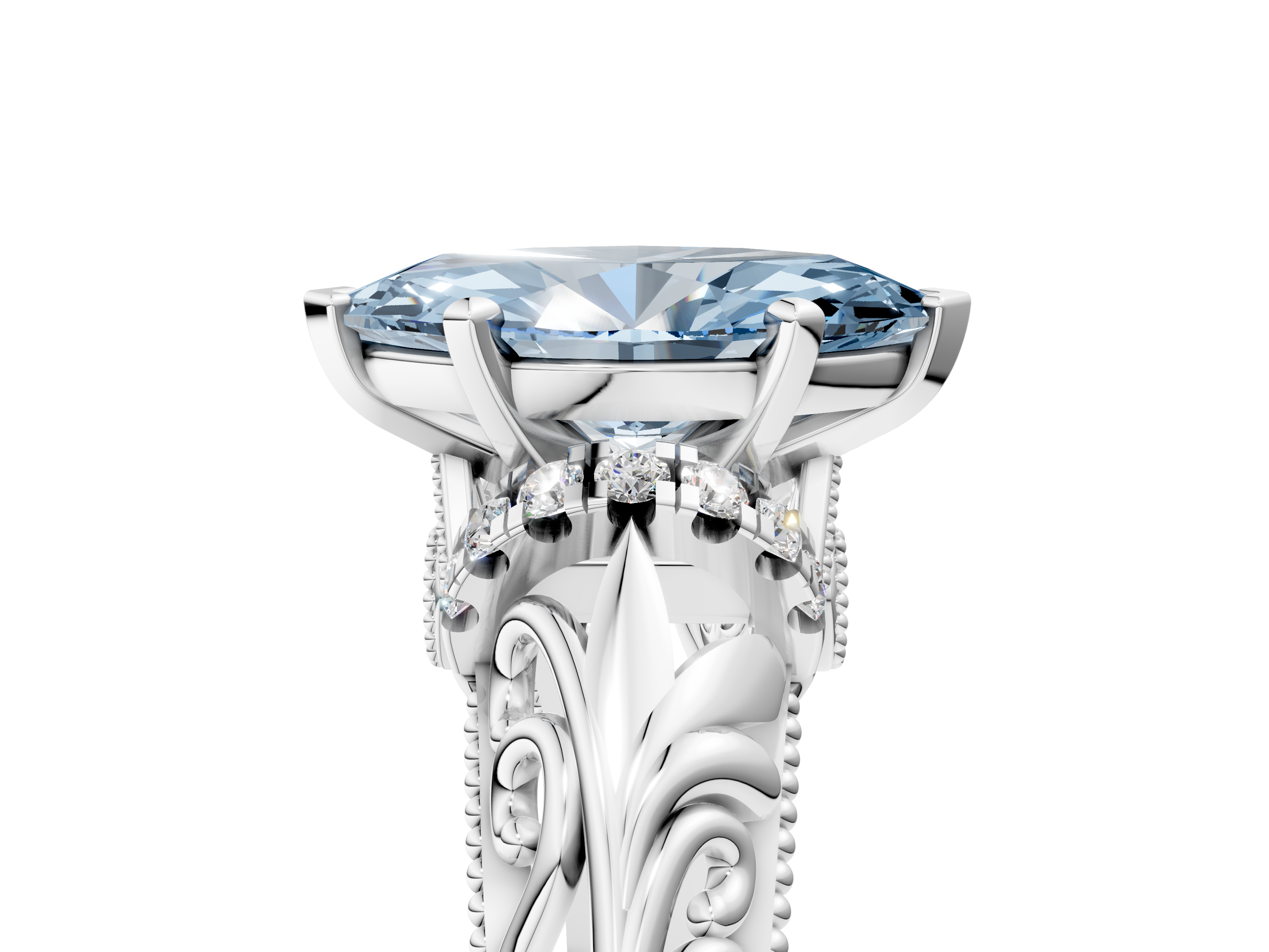 White gold Fancy Blue Marquise  Solitaire Filigree Engagement Ring with Halo and Prong Setting_85