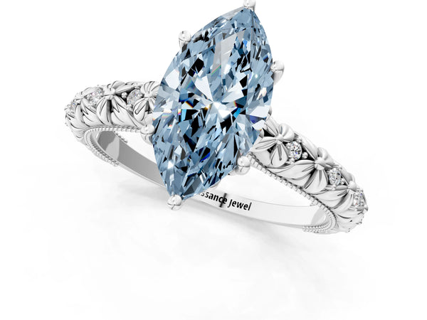 White gold Fancy Blue Marquise  Solitaire Floral Milgrain Engagement Ring