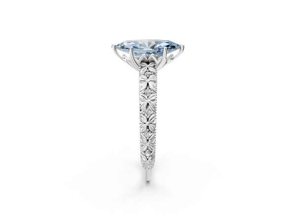 White gold Fancy Blue Marquise  Solitaire Floral Milgrain Engagement Ring