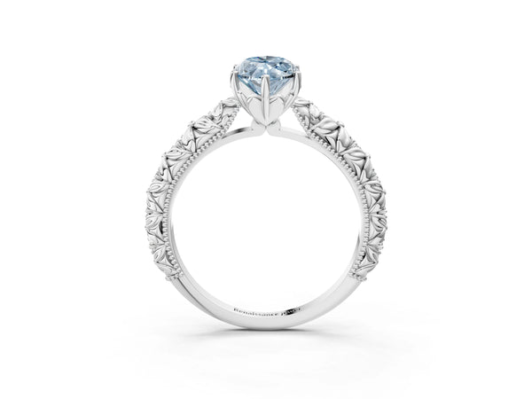 White gold Fancy Blue Marquise  Solitaire Floral Milgrain Engagement Ring