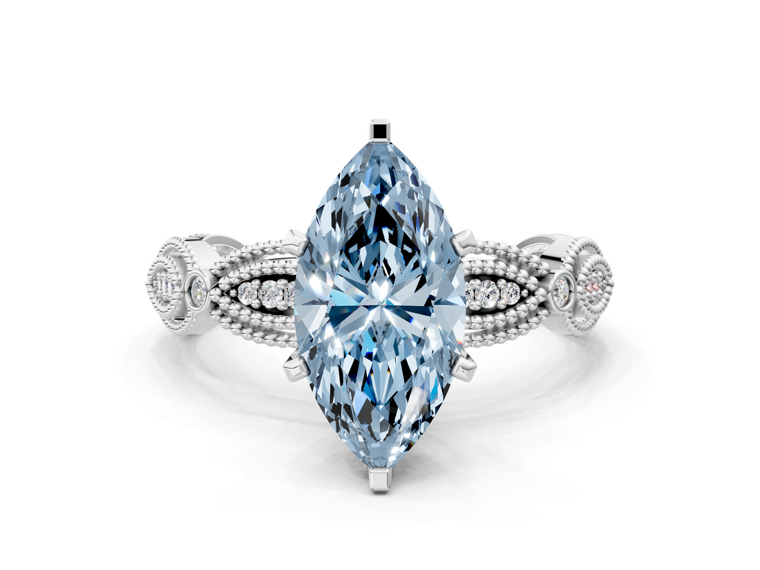 White gold Fancy Blue Marquise  Solitaire Milgrain Diamond Engagement Ring with Bezel and Marquise Band_143