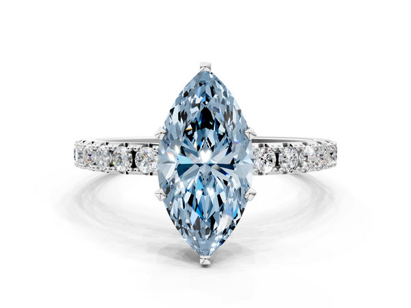 White gold Fancy Blue Marquise Cut Diamond Solitaire Pavé Band with Four-Prong Setting